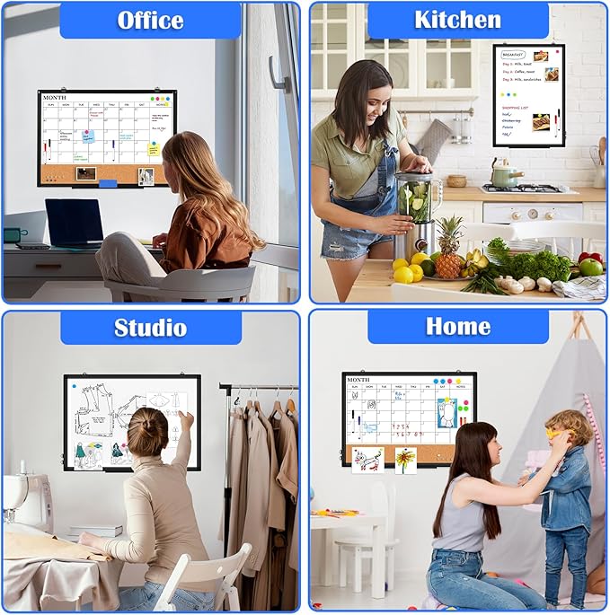 Monthly Calendar Whiteboard Dry Erase Cork Board Combo for Wall, 36" x 24" Magnetic Double-Sided Calendar White Board and Bulletin Board, Portable Board for Office, Kitchen, School, Home
