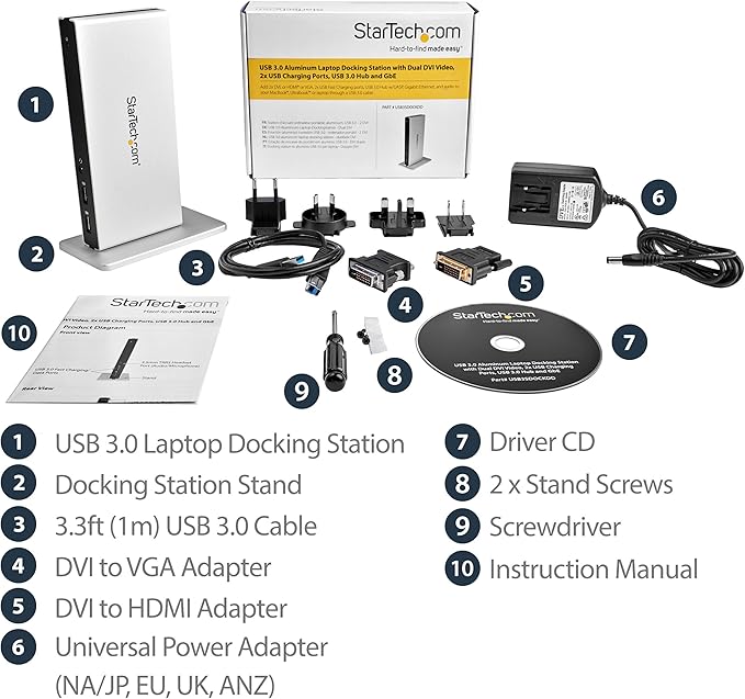 StarTech.com Dual Monitor USB 3.0 Docking Station w/ DVI to VGA & HDMI Adapters, 5x USB 3.0 & Audio - Vertical DVI Dock for Mac & Windows (USB3SDOCKDD)