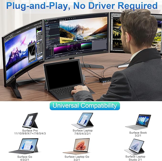 Surface Dock, 12-in-1 Triple Displays VGA +Dual HDMI Surface Pro Dock, Surface Docking Station for Surface Pro 11/10/9/8/X/7/6/5/4/3, Surface Book, Surface Go, Surface Laptop Dock