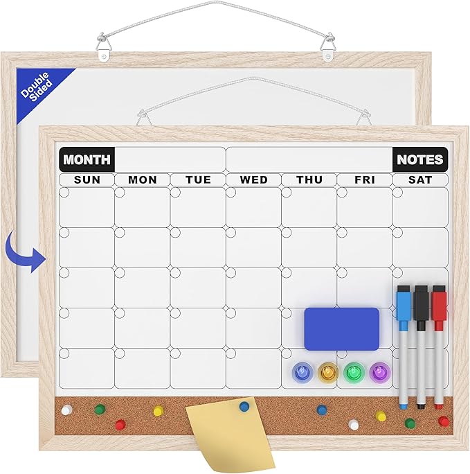 Monthly Calendar Dry Erase Board 16x12 Inch, Double-Sided Whiteboard and Corkboard Combo with White MDF Frame, Wall Mounted Planner Organizer with Markers, Magnets, Push Pins, Eraser