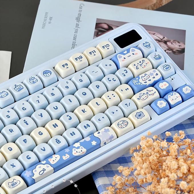 PBT Keycaps - Cute Keycaps Blue White 60 65 75 100 Percent, Kawaii Anime Cat Key caps Custom 130 Keys, MOA Profile for 61/68/84/87/98/100 Cherry Gateron MX Mechanical