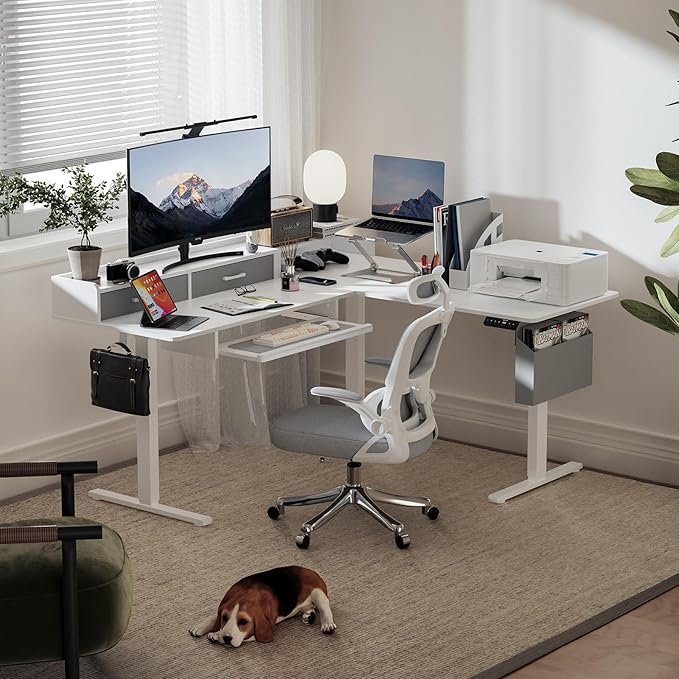 63 Inches Height Adjustable L Shaped Standing Desk with 2 Drawers and Keyboard Tray, Electric Sit to Stand Home Office Comupter Table, Ergonomic Corner Gaming Desk, White