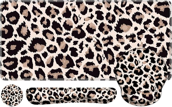 iLeadon Mouse Pad Set, Desk Mat + Mouse Pad with Wrist Rest + Keyboard Wrist Rest + Coaster, 4in1 Leopard Mouse and Keyboard Pad Set for Home Office, Classic Leopard