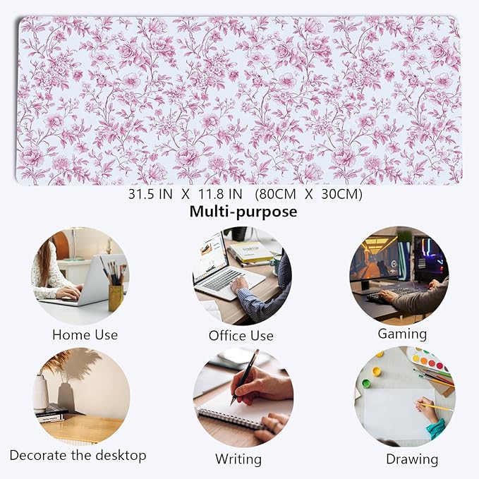 Pink Chinoiserie Mouse Pad,Vintage Pink and White Floral Desk Mat,XL Large Vintage Flowers Preppy Mouse Pad,Girly Laptop Desk Mat for Dorm Home Office,31.5x11.8 Inch