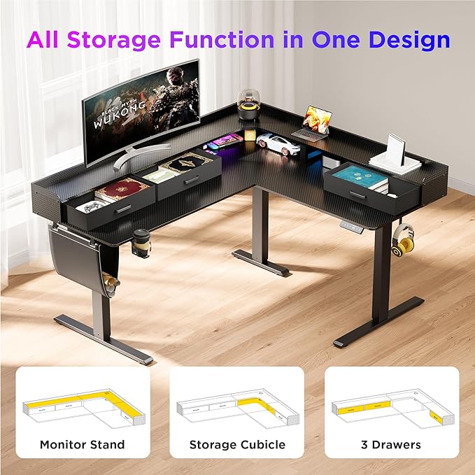 63 Inches Height Adjustable L Shaped Standing Desk with 3 Drawers and Monitor Shelf, Electric Corner Comupter Desk, Sit Stand up Home Office Desk, Ergonomic Gaming Desk, Black