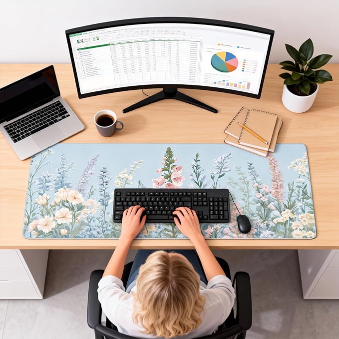 Cute Floral Aesthetic Wildflower Gaming Mouse Pad, Sky Blue Macaron Desk Mat with Anti-Slip Base & Stitched Edges, Computer Keyboard & Laptop Pad, 35.4" x 15.7" in in Workstation Accessories