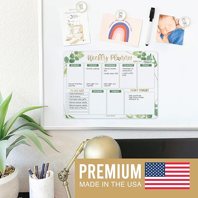 Greenery Dry Erase Weekly Calendar for Fridge - Magnetic Whiteboard, Schedule Board, White Board