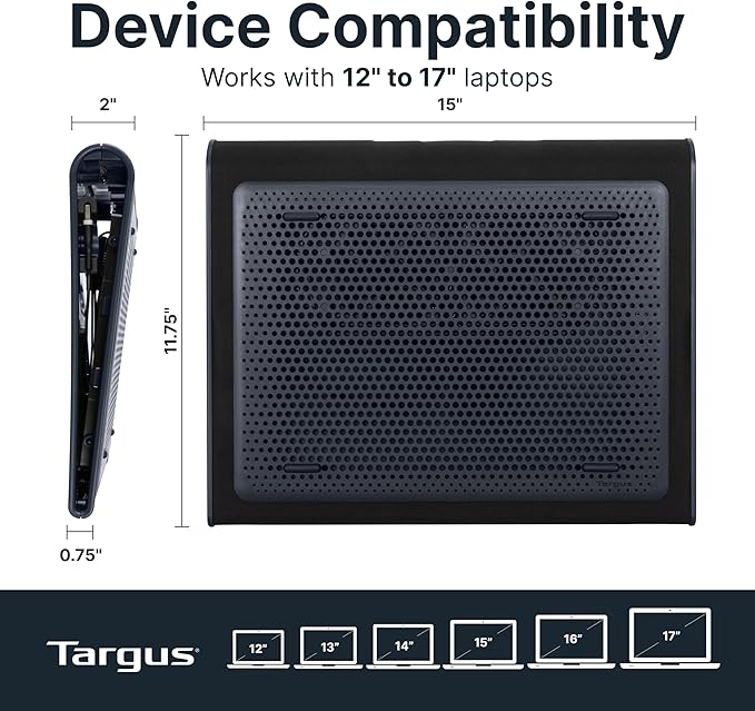 Targus 17 Inch Dual Fan Lap Chill Mat - Soft Neoprene Laptop Cooling Pad for Heat Protection, Fits Most 17" Laptops and Smaller - USB-A Connected Dual Fans for Heat Dispersion (AWE55US)