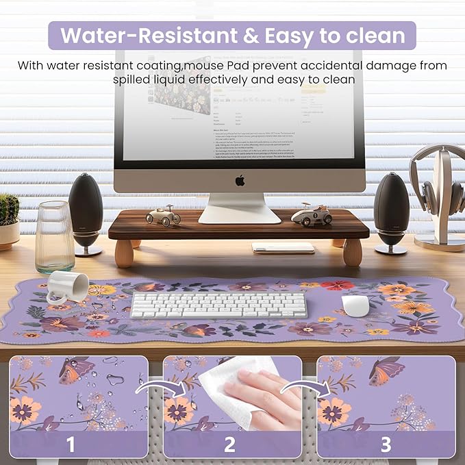 iCasso Large Mouse Pad, Scalloped Desk Matt for Desktop, Desk Pad Mat, Anti-Slip Big Mousepad with Stitched Edges, Floral Desk Mat for Keyboard and Mouse for Computer (Purple)