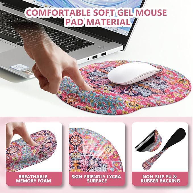 iLeadon Mouse Pad Set, Boho Desk Mat + Mouse Pad with Wrist Rest + Keyboard Wrist Rest + Coaster, 4in1 Mouse and Keyboard Pad Set for Home Office, Rug Fuchsia