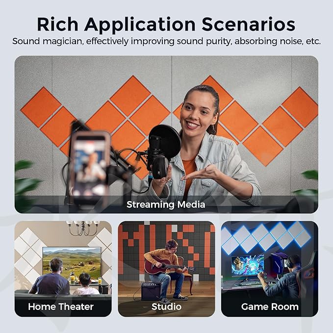 Self-Adhesive Acoustic Panels [390 lbs/yd³ Ultra-High Density], 2nd Generation Sound Absorbing Panel, Professional Level Sound Panel, Polyester Soundproof Foam [Rectangle, Orange]