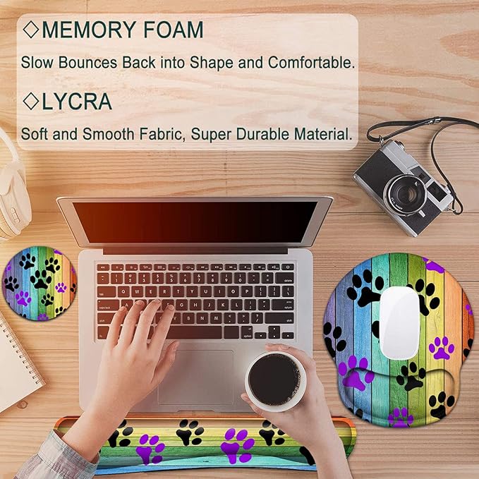 Keyboard Wrist Rest and Mouse Pad with Wrist Support, Ergonomic Gel Mouse Pad Coaster,Easy Typing Pain Relief, Memory Foam Keyboard Mousepad Set,Rainbow Woodgrain Black and Purple Dog Paw