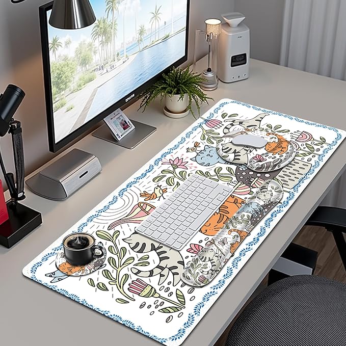 Cute Desk Mat, 4in1 Large Mouse Pad with Wrist Rest, Desk Matt for Desktop, Desk Pad Mat, Anti-Slip XXL Computer Ergonomic Mousepad with Wrist Support for Keyboard and Mouse I Funny Cat Animals