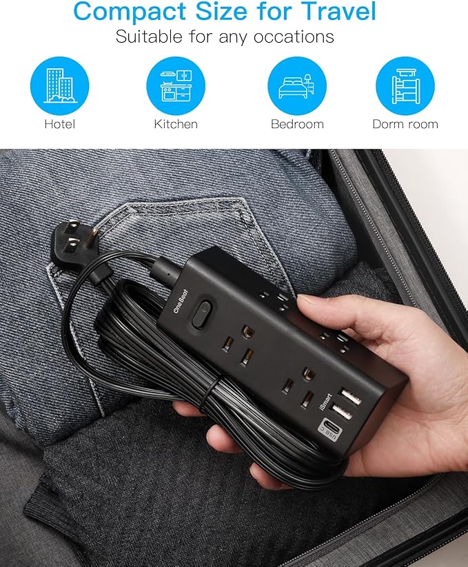 10Ft Extension Cord with Multiple Outlets, Flat Plug Power Strip Surge Protector with 10 Ft Long Cord, 6 Outlet 3 USB Ports (1 USB C), Multi Outlet Wall Plug for Travel, Dorm Room Essentials-Black