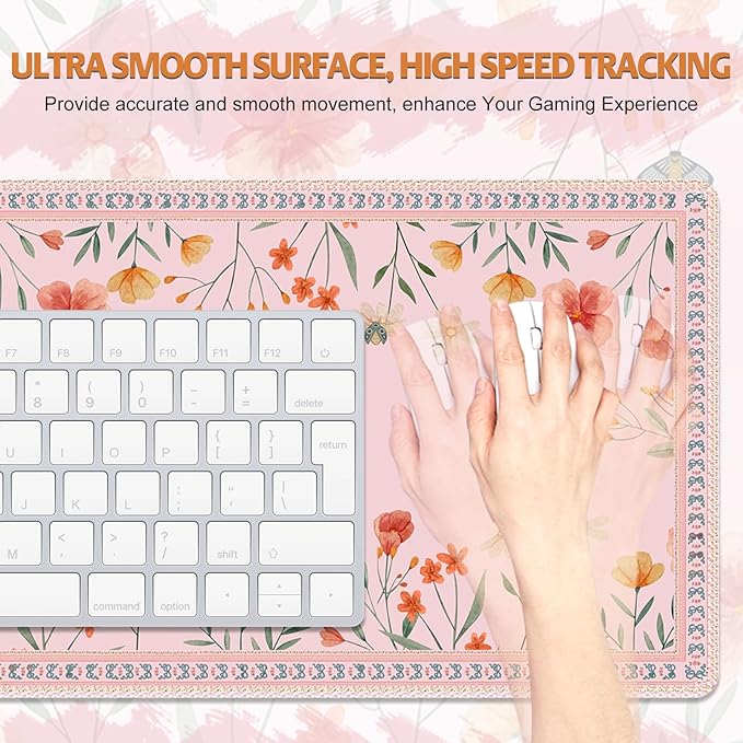 Desk Pad for Keyboard and Mouse, Large Mouse Pad for Desk, Non-Slip Keyboard Mat, Computer Mats for Desk, Cute Desk Pad with Stitched Edges for Office, Gaming I Pink Butterflies Flowers