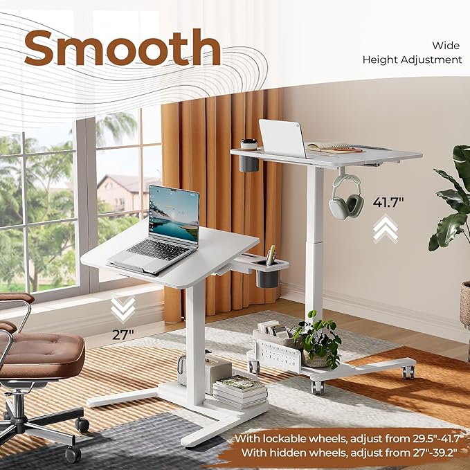28" Mobile Standing Desk, Height Adjustable Rolling Laptop Cart with 60° Tiltable Top & Storage Shelf, Stand up Desk on Wheels, Portable Workstation for Home Office, White