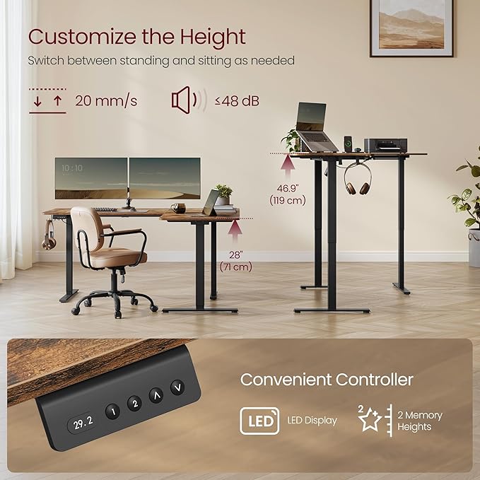 VASAGLE L Shaped Electric Standing Desk, 63 x 47.2 Inches, Height Adjustable Corner Desk with Power Outlets, 2 Memory Buttons, Easy to Assemble, for Home Office, Rustic Brown ULSD242K01