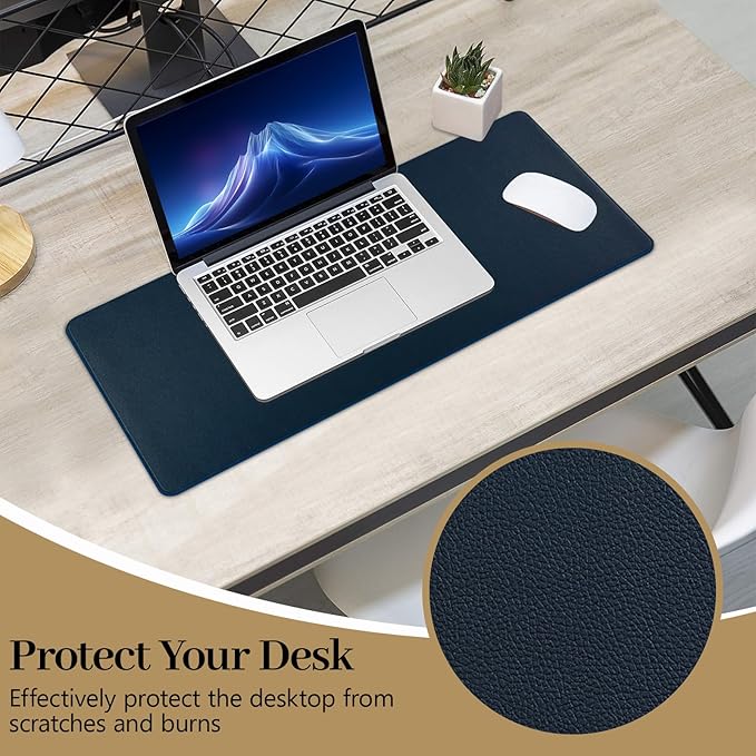 Dark Blue Leather Desk Mat Large Mouse Pad, Waterproof Desk Pad for Keyboard and Mouse, Non-Slip Computer Desk Protector, Smooth Mouse Movement Desk Mat for Home and Office(23.6"×13.8")