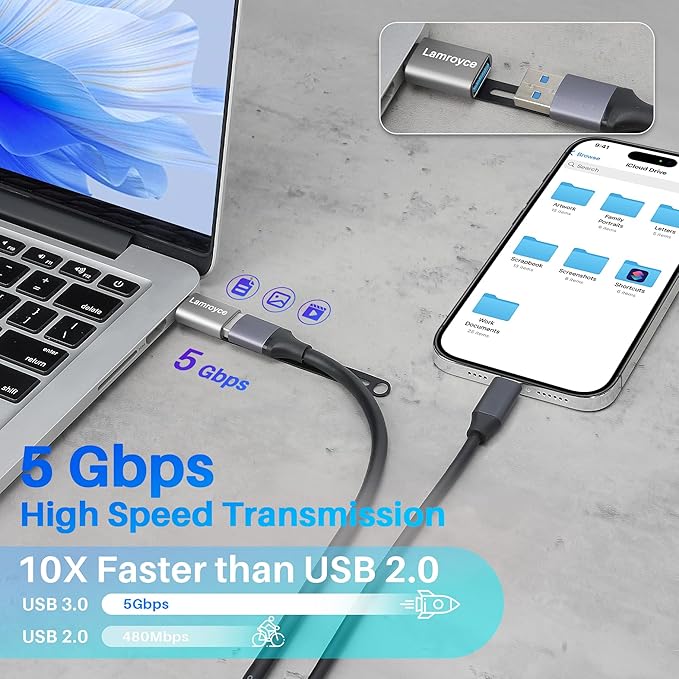 USB C 3.1 to USB 3.0 Adapter 4 Pack, Portable USB Female to USB C Male OTG Extender Converter, with Lanyard Keychain, Support fast charging and 5Gbps data transfer for iPhone17/16/15 Series,Galaxy S25