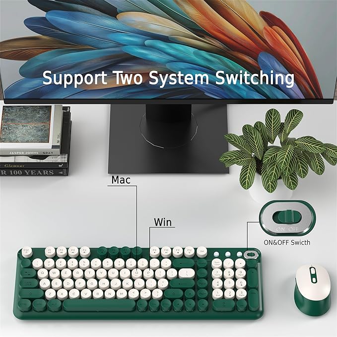 Wireless Keyboard and Mouse Combo, 2.4GHz USB Receiver, Plug and Play, Retro Full Size Typewriter Keyboard and Wireless Mouse for Computer, Laptop, Windows, Mac, and PC (Green)