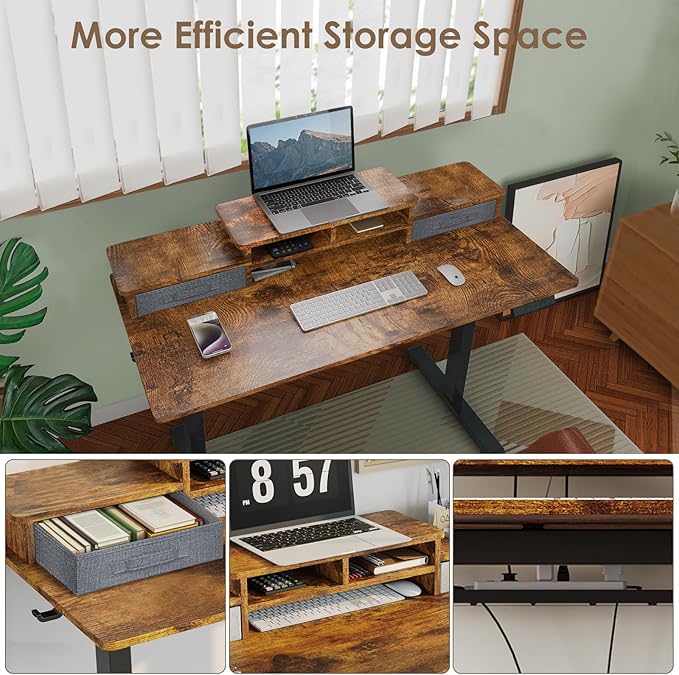 48x24 Inch Electric Standing Desk with 2 Drawers, Adjustable Height Desk with Storage Shelf, 3 Preset Heights, 2 Hooks and Cable Management, Ergonomic Rising Computer Table for Home Office