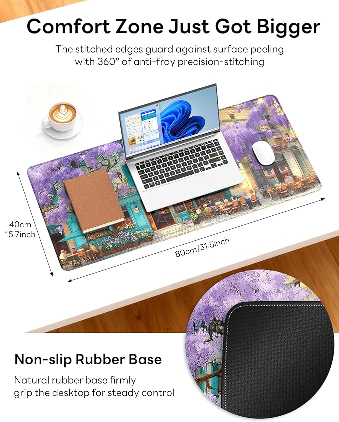 XL Gaming Mouse Pad, 31.5x15.7'' Large Desk Mat with Anti-Slip Rubber Base & Stitched Edges for Gaming, Office, Home, Wisteria Cafe
