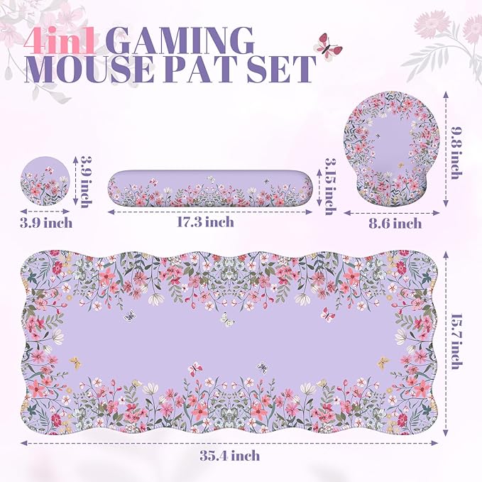 iCasso Desk Mat Set,Large Mouse Pad with Wrist Rest,Ergonomic Keyboard Wrist Support for Women,Girly Floral Computer Mat with Scalloped Edges,Non-Slip Desk Pad Home Office Gaming (Purple)