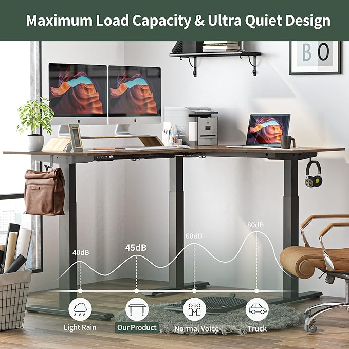 FEZIBO Triple Motor L-Shaped Electric Standing Desk, 63 Inches Height Adjustable Stand up Corner Desk, Sit Stand Workstation with Splice Board, Black Frame/Black Walnut Top