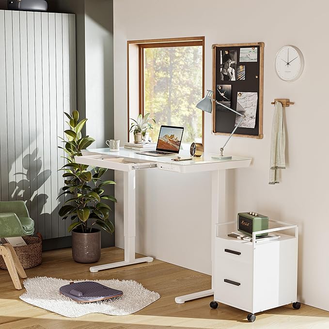 BANTI Electric Standing Desk with Drawers, 55 inch Whole-Piece Glass Desktop, Height Adjustable Stand up Sit Stand Home Office Ergonomic Workstation, White Tabletop