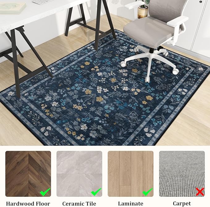 chakme Office Chair Mat for Hardwood Floor, 60"x45" Easy Glide Computer Desk Mat Protector for Rolling Chair Under Desk Rug Nonslip Backing, Machine Wash, (Floral)