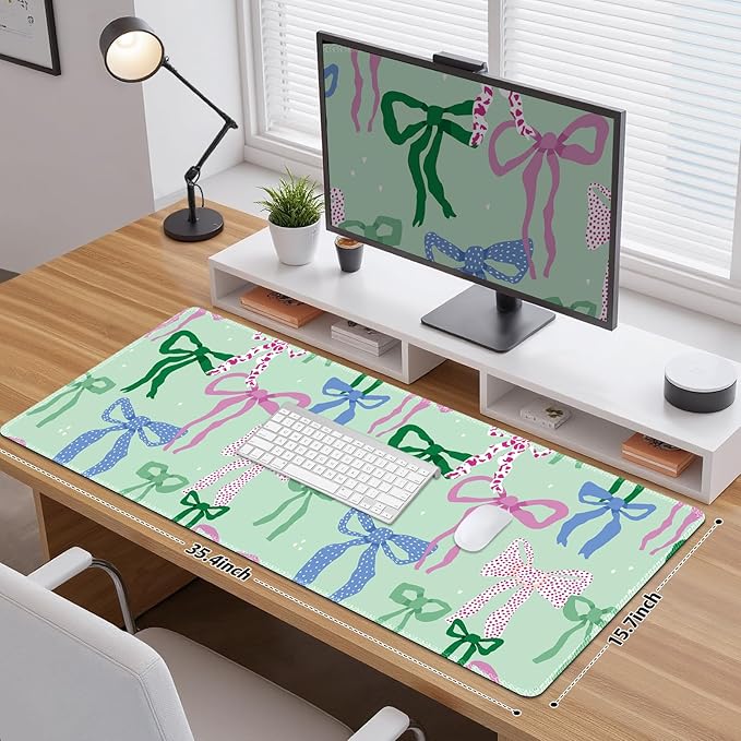 Cute Desk Pad Mouse Pad, Large Gaming Mouse Mat with Stitched Edges, Non-Slip Waterproof Rubber Base Mous Mat for Office Computer Keyboard Laptop Home Decor Women Girl (35.4X17.5 in), Green Pink Bows