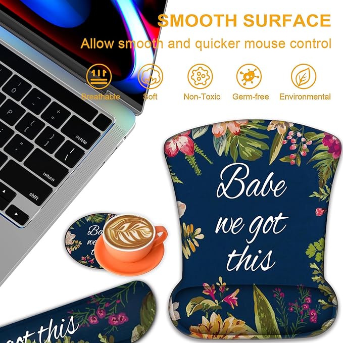 Ergonomic Mouse Pad, Mouse Wrist Rest Pad + Keyboard Wrist Rest Pad + Coaster, Made of Memory Foam, Easy to Use and Relieve Wrist Pain, Computer, Games, Office, Home - Babe We Got This
