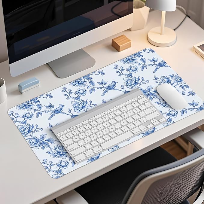 Navy Blue Chinoiserie Mouse Pad,Vintage Blue and White Floral Desk Mat,XL Large Flowers and Birds Preppy Mouse Pad,Girly Laptop Desk Mat for Dorm Home Office,23.6x11.8 Inch