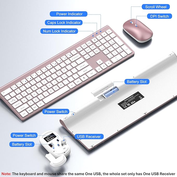 Wireless Keyboard and Mouse Combo, Full Size Keyboard and Mouse, Long Battery Life, Optical Mouse, 2.4G Lag-Free Cordless Mice Keyboard Set Ultra Slim Design for Computer, Laptop, PC, Windows (Pink)