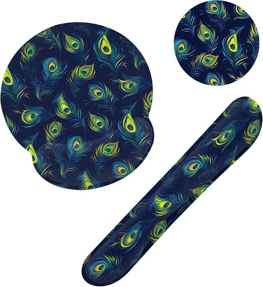Blue Peacock Feather Keyboard Wrist Rest Pad and Mouse Pad Wrist Support Set,3-in-1 Ergonomic Mouse Pad with Non-Slip Rubber Base for Home Office Game Computers Desk,