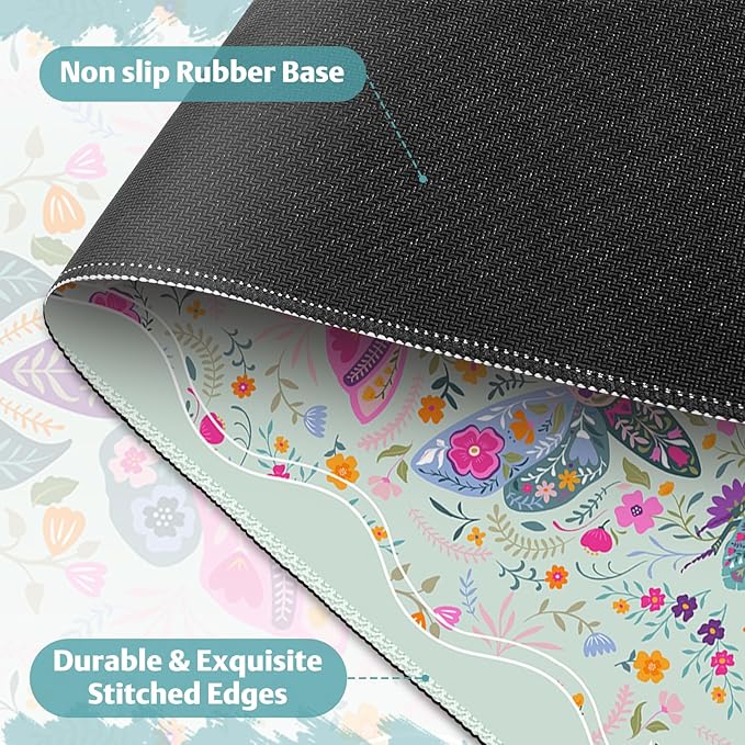 Desk Mat for Keyboard and Mouse, Large Non-Slip Mouse Pad Keyboard Pad, Computer Mats for Desktop, Cute Desk Pad with Stitched Edges for Office, Gaming I Pastel Green Floral Symmetry