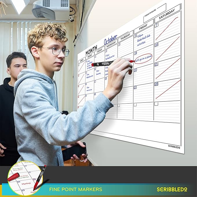 Large 24"x36" White Board Calendar Dry Erase for Wall Big Dry Erase Wall Calendar Monthly Large Wall Calendar Dry Erase Board Planner Includes 6 Markers Eraser Push Pins & Mounting Tape