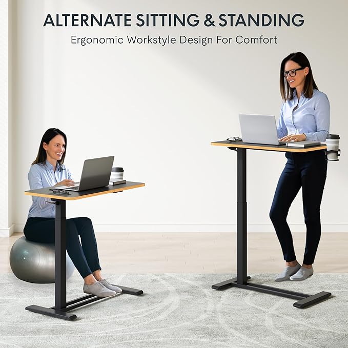 FLEXISPOT Mobile Standing Desk with Wheels Pneumatic Laptop Desk Rolling Computer Cart Movable Height Adjustable Small Sit Stand Desk Computer Workstations Home Use（27.6" W x 15.7" D, Black+Maple