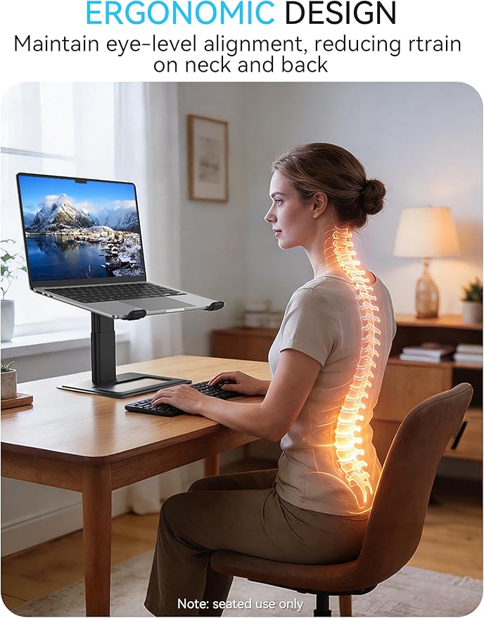 SOUNDANCE Adjustable Laptop Stand, Ergonomic Aluminum Riser for 10-17.3” Notebooks, Ventilated Metal Holder with Height Alignment for Desk Workspace, Black