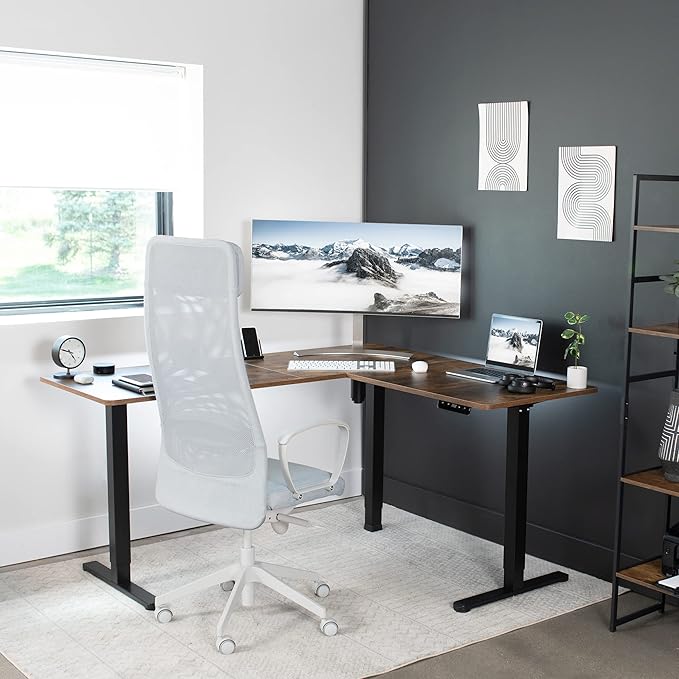 VIVO Corner Standing Desk, 63 x 55 inch Reversible L-Shaped Workstation, Electric Height Adjustment, Home, Office, and Reception Rooms, Rustic Vintage Brown Table Top Black Frame, DESK-E3CTN