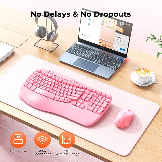 MEETION Ergonomic Keyboard and Mouse Wireless, Wave Keys Natural Typing, 2.4G Wireless Keyboard with Wrist Rest, 4 Adjustable DPI Mouse, Computer/Laptop/Windows/Mac, Pink