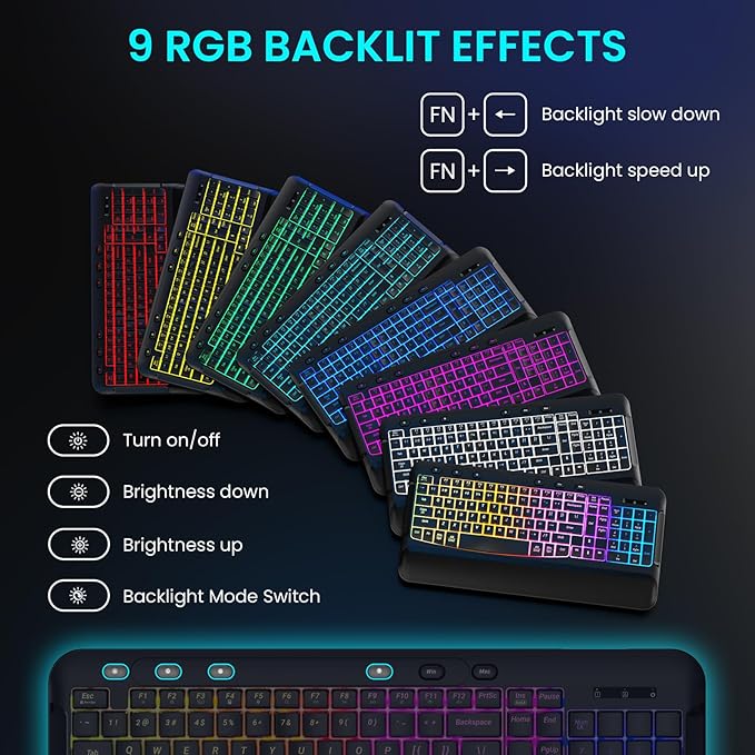 Wireless Keyboard and Mouse Combo, Ergonomic Wave, 9 RGB Backlit Effects, Leather Wrist Rest, Rechargeable 2.4G Silent Set for Computer/Windows/Mac, Black