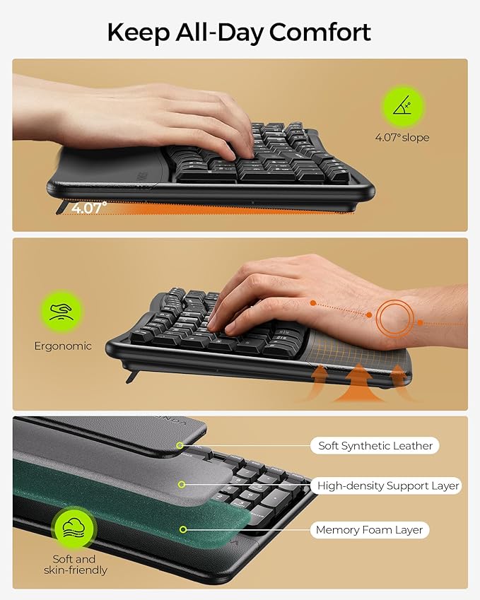 seenda Bluetooth Ergonomic Keyboard, COE311 Wireless Keyboard with 3 Multi-Device Connectivity, Rechargeable, Wave Keys, Soft Wrist Rest, Compatible for Windows/macOS/PC/Laptop/MacBook/iPad - Black