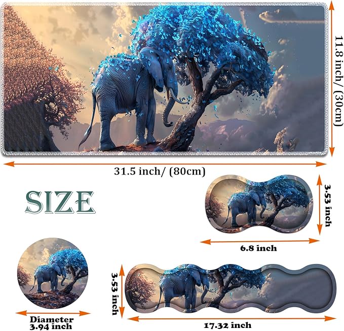 Large Gaming Mouse Pad + Keyboard Wrist Rest + Wrist Support + Coaster Set, Memory Foam Ergonomic for Easy Typing, XXL Extended Gaming Mouse Pad Table Pad - Blue Leaves and Elephants