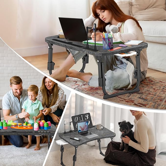 Lap Desk for Bed Adjustable Height, Foldable Bed Table with Storage Drawer, Tablet Slot & Cup Holder, Portable Laptop Stand for Bed & Sofa, Bed Desk for Adults & Kids, Deep Stone Color