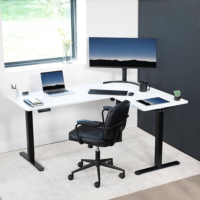 VIVO Corner Standing Desk, 63 x 47 inch Reversible L-Shaped Workstation, Electric Height Adjustment, Home, Office, and Reception Rooms, White Table Top Black Frame, DESK-E3CTBW-47