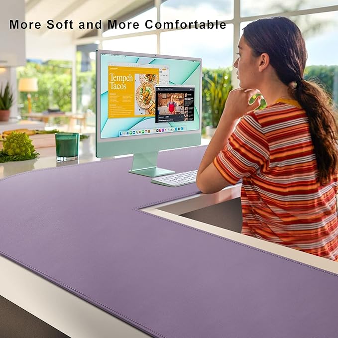 Vyaaa 51 inch Large L-Shaped Leather Desk Pad Protector,Large Gaming Mouse Pad for Computer,Corner Desk Mat for Office and Home,Purple
