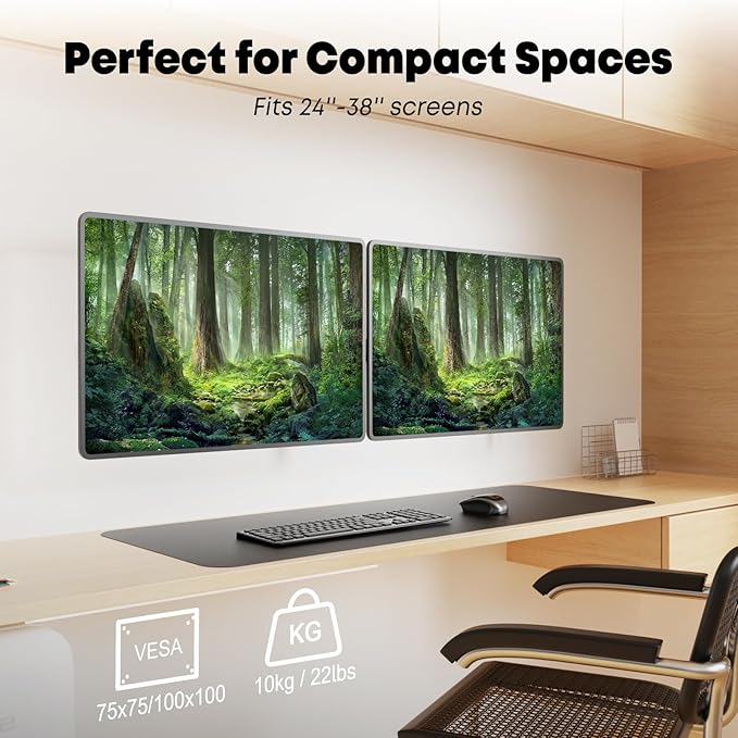 Dual Monitor Wall Mount for 24-38-inch - Ultrawide Dual Wall Mount Monitor Arm, Flush Wall Setup, Max Load 22lbs per Monitor, VESA 75x75/100x100mm, Black