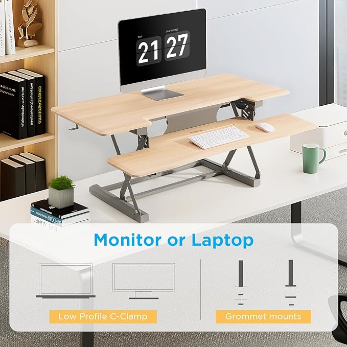29" Electric Standing Desk Converter, Dyropcurv Series Height Adjustable Computer Desk Ergonomic Home Office Desk for Adults, Sit to Stand Desk with Quiet Motor, Light Wood