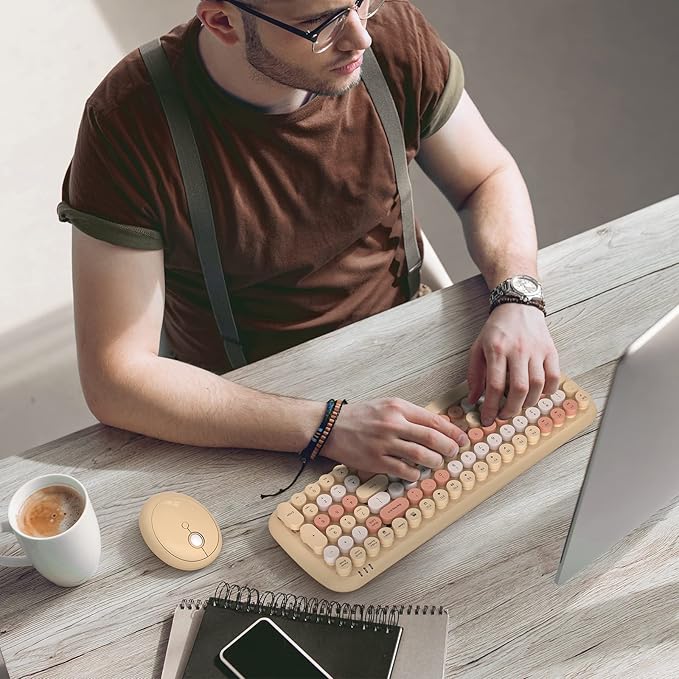 MOFII Wireless Keyboard and Mouse Combo, Full-Size Retro Typewriter-Style Wireless Keyboard with Optical Mouse for Computer/Laptop/Windows/Mac (Milk Tea Colorful-B)